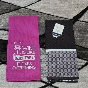 WINE IS LIKE DUCT TAPE IT FIXES EVERYTHING & BLACK GRAY HAND TOWELS BUNDLE